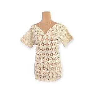70s Cream Cotton Crochet Sweater